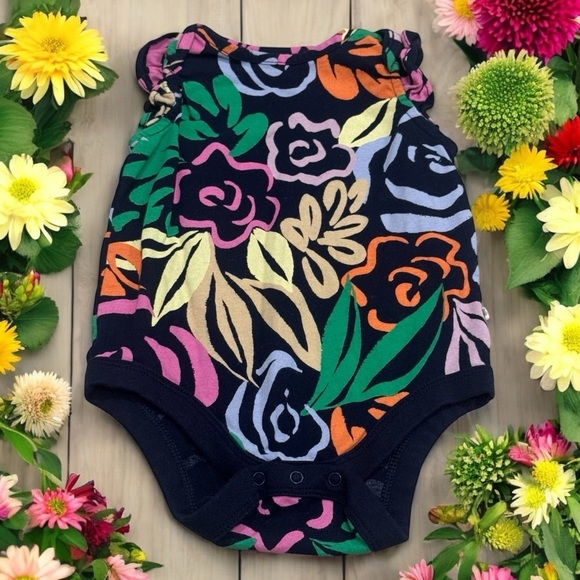 Baby Gap Navy and Multicolor Floral Printed Ruffle Button One Piece Size 6-12mo - Picture 1 of 5